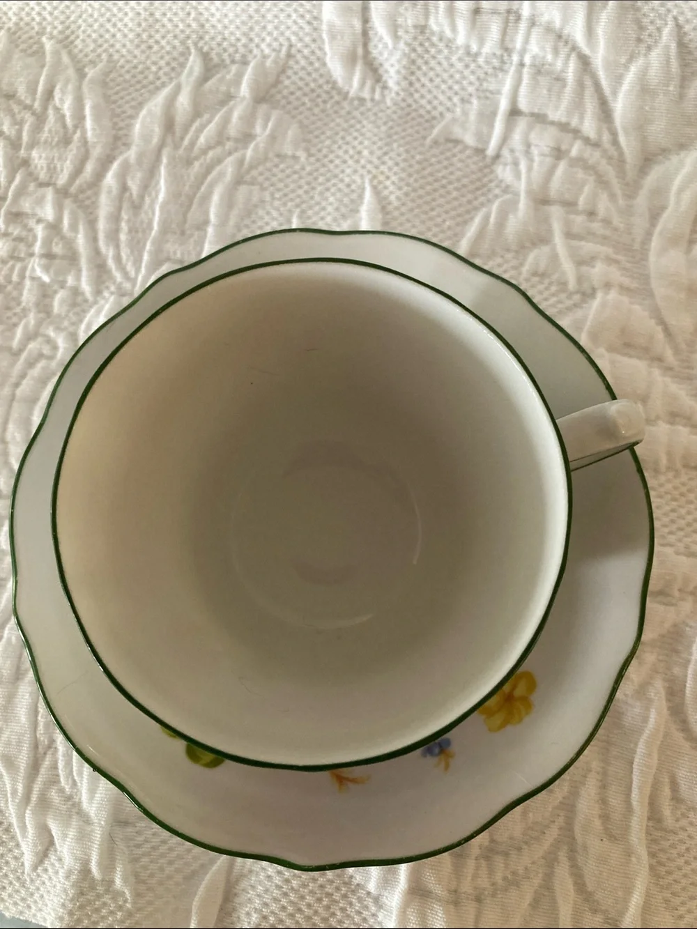 Porcelain Teacup and Saucer Set in White with Pink and Green Floral Trim